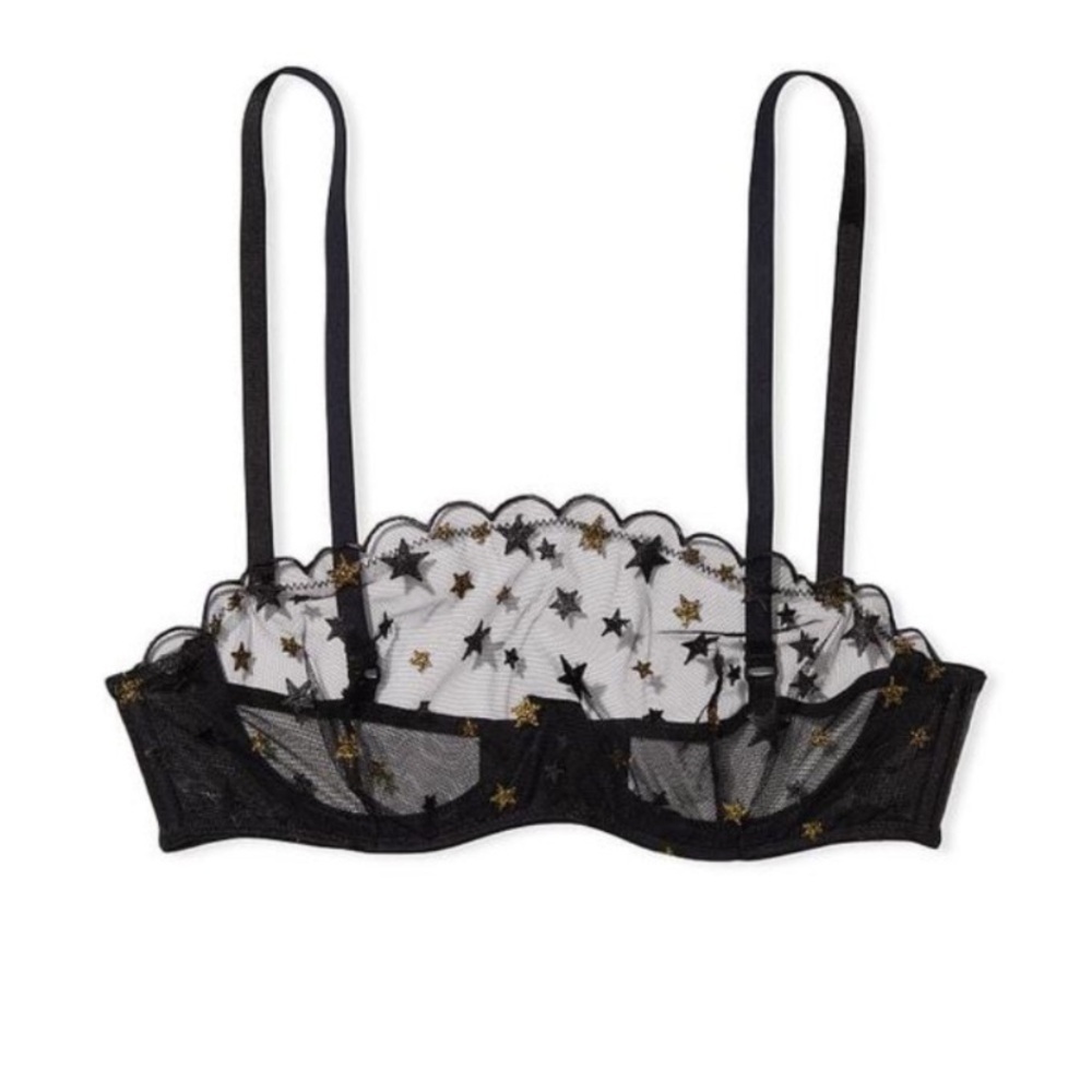 New! Victorias Secret black metallic star pattern mesh lace bra 10356
